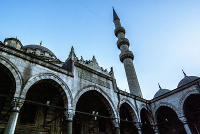 Low angle view of the new mosque against clear sky