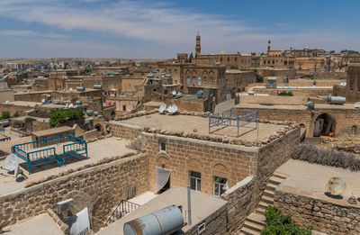 High angle view of buildings in city