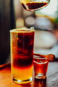 Close-up of beer in glass on table