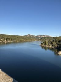 Scenic view of lake against clear blue sky