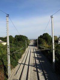 Railroad tracks by electricity pylon against sky