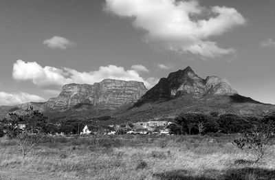 Scenic view of land and mountains against sky