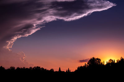 Silhouette trees against dramatic sky during sunset