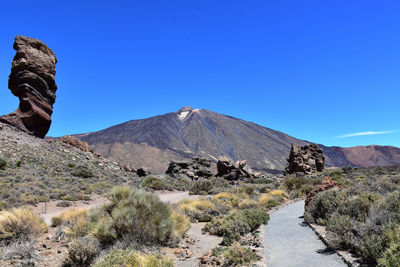 Scenic view of rocky mountains against clear blue sky