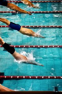 Men diving into swimming pool at start of race