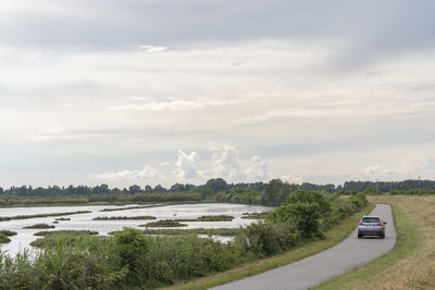 Car on road amidst trees against sky