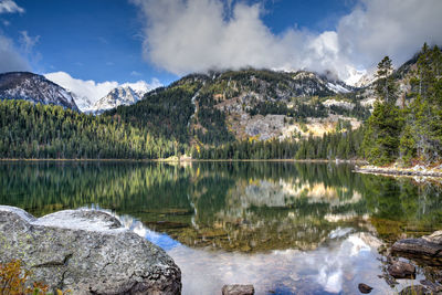 Scenic view of lake against cloudy sky