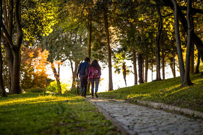 People walking on footpath in forest