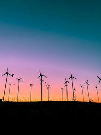 Silhouette of wind turbines on field against sky during sunset