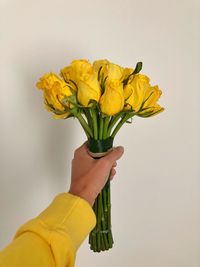 Cropped hand holding yellow flowers against wall