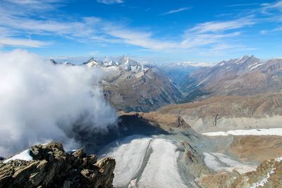 Scenic view of mountains against cloudy sky