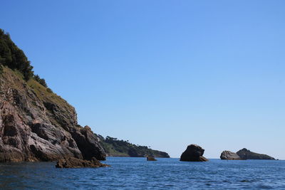 Scenic view of sea and rocks against clear blue sky