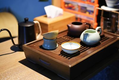 High angle view of tea cup on table