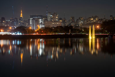 Reflection of illuminated buildings in city at night