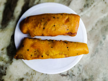 High angle view of bread in plate