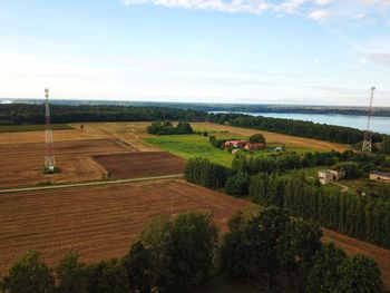 High angle view of agricultural field against sky