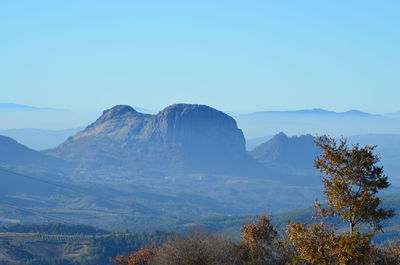 Scenic view of mountains against clear blue sky