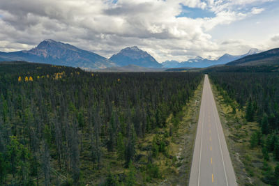 Beautiful aerial view of the icefield park way in autumn, with many pine trees around it.