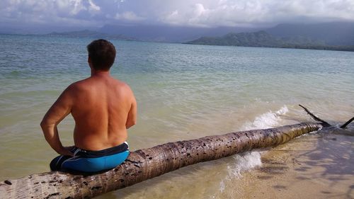 Rear view of shirtless man at beach against sky