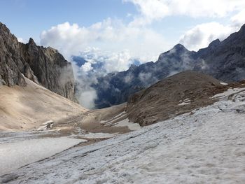 Scenic view of snowcapped mountains against sky