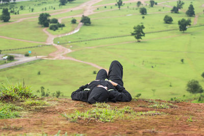 People relaxing on grassy field