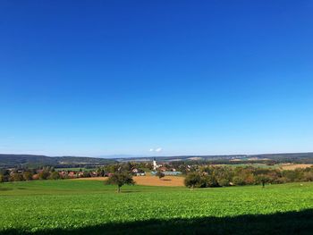 Scenic view of field against clear blue sky