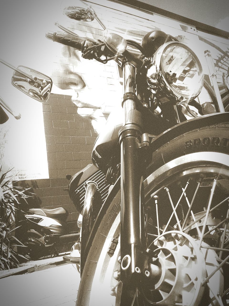 CLOSE-UP OF BICYCLE WITH REFLECTION OF CAR ON ROAD