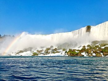 View of waterfall against clear blue sky