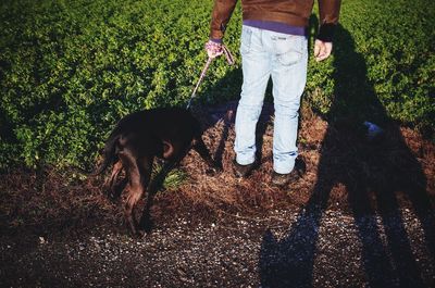 Low section of man with dog at farm