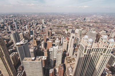 High angle view of modern buildings in city