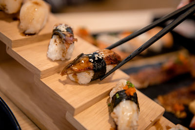 Close-up of sushi served on table