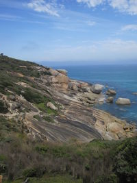 Scenic view of rocky shore and sea against sky