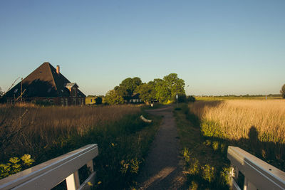 Road amidst field and houses against clear sky