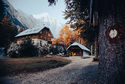House amidst trees and buildings against sky