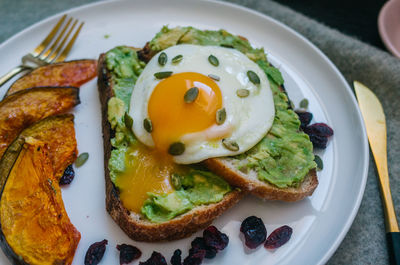 High angle view of breakfast served in plate