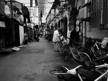 Bicycles on sidewalk in city