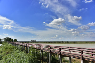 Bridge with green trees, blue sky background.