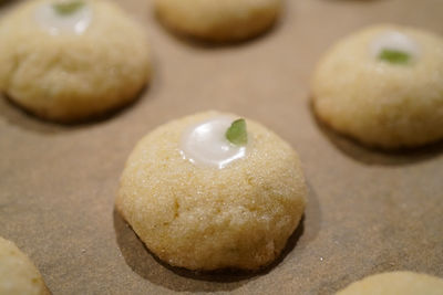 High angle view of cookies in plate on table