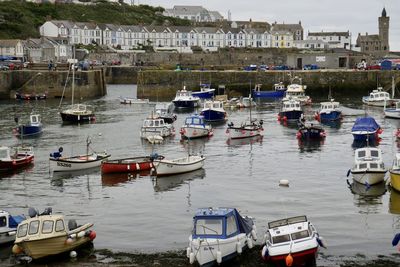 High angle view of boats moored at harbor in city