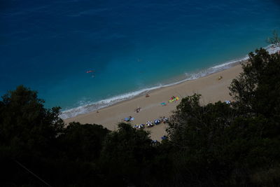 High angle view of beach against blue sky