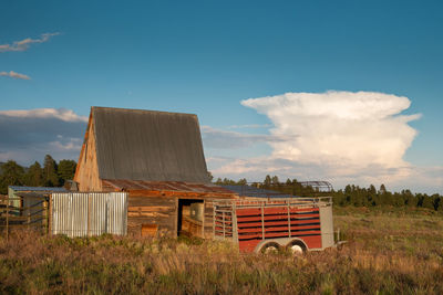 Built structure on field against sky