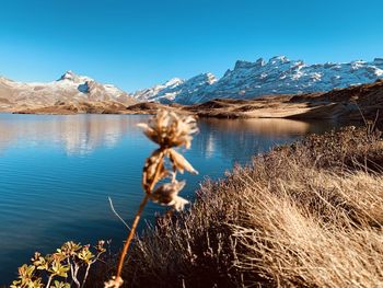 Panoramic view of frozen lake by mountain against sky