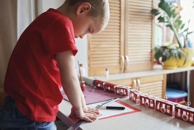 Rear view of boy using mobile phone at home