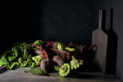 Close-up of fruits in basket on table