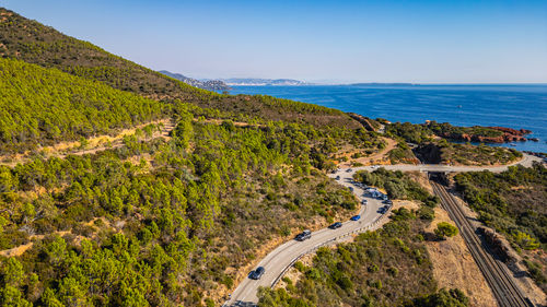 High angle view of sea against clear sky