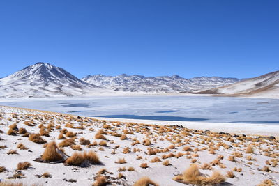 Scenic view of snowcapped mountains against clear sky