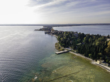 Aerial view  scaligero castle, an ancient fortress along sirmione coastal, lombardy, italy.