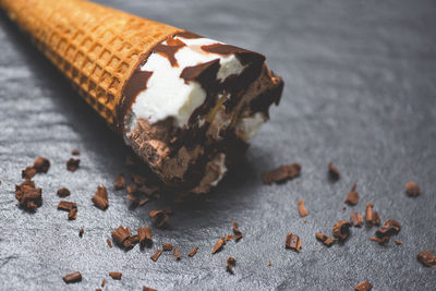 Close-up of chocolate cone on table