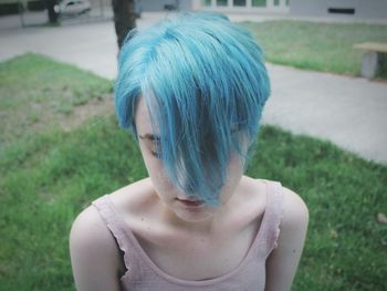 Close-up of woman with dyed hair