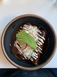 High angle view of food in plate on table